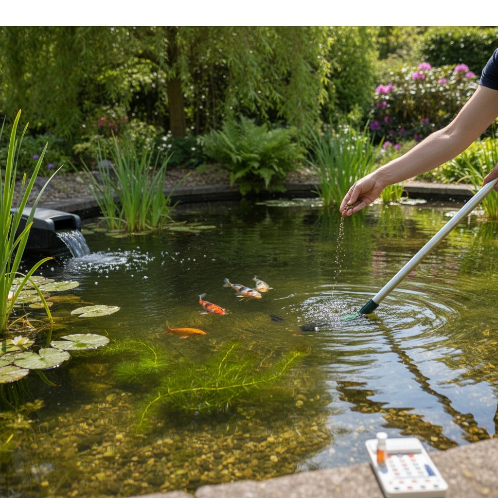 Zorgzame vijveronderhoud in lente met vissen, zuurstofplanten en schoonmaakapparatuur